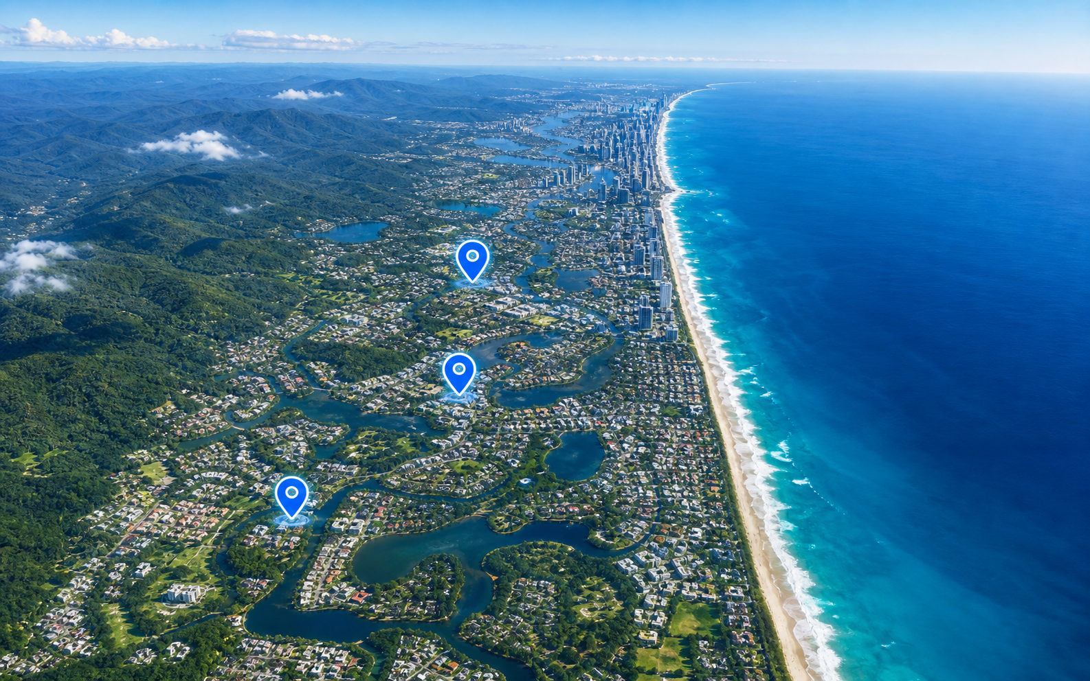 Aerial map-style view of the Gold Coast with three local report markers